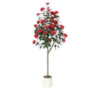 Arbre de camélia artificiel - Arbre en plastique décoratif - Fleurs rouges - Hauteur : 152 cm - Livré avec un vase - Pour intérieur - Décoration d'intérieur