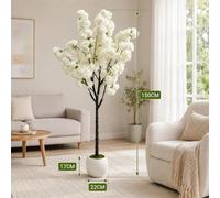 Arbre de cerisier en fleurs artificiel - Décoration d'intérieur de 150 cm - Plante artificielle Sakura - Fleurs en soie - Décoration pour la maison, le bureau, les mariages, les entrées - Blanc