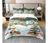 Arbre de Noël 100% Coton Housse de Couette 220x240,Impression Cerf Bonhomme de Neige de Noël Parure de Lit Chambre,Décor de Chambre de Père Noël pour Enfants Literie Set,Maison Brun Vert Couvre Lit
