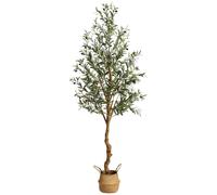 Arbre d'olivier artificiel - 180 cm - Feuilles en soie - Tige en bois véritable - Panier en paille comme pot de culture - Vert