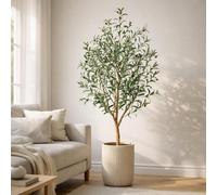 Arbre d'olivier artificiel en pot noir, plante d'intérieur décorative, feuilles vertes artificielles, design de tronc réaliste, hauteur : 150 cm