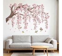 Arbre géant à fleurs roses pour décoration murale par collage, autocollants fleurs et oiseaux, pour salon, chambre, décoration murale derrière le téléviseur