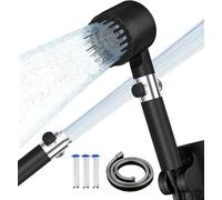 Arbudspro Pommeau Douche Anti Calcaire, Filtre à 15 Couches, Haute Pression | Douchette à 3+1 Jets avec Bouton Stop-Eau, Économie d'Eau,Shower head avec Tuyau 1,5 m,Support, pour Eau Dure, Noir