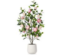 Arbuste artificiel de camélia de 120 cm dans un pot en céramique blanc, avec 30 fleurs, pour le salon, le bureau, le balcon, le jardin ou la décoration
