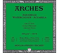 Arches 1795059 Bloc de 20 feuilles de papier aquarelle (20 x 20 cm, encollé sur les 4 côtés, grain fin 300 g/m²), blanc naturel
