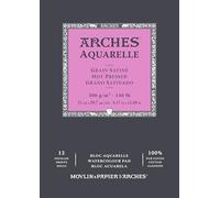 ARCHES Aquarelle - Bloc 12 feuilles 21x29,7 collé petit côté - 300g/m² - grain satiné, blanc naturel, 4 bords francs