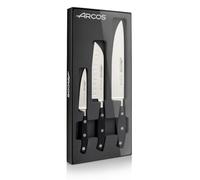Arcos Couteaux de Cuisine Professionnels - Mondador 100 mm, Santoku 140 mm, Chef 200 mm - Acier Inoxydable NITRUM, Manche Ergonomique Noir - Set de 3 Pcs en Coffret