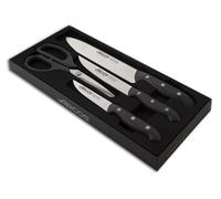Arcos Jeu de Couteaux de Cuisine 4 Pièces. 3 Couteaux de Chef et 1 Paire de Ciseaux en Acier Inoxydable avec Manche Ergonomique en Polioxyméthylène. Série Maitre. Couleur Noire