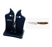 ARCOS Nordika Kit d'Entretien et Découpe - 2 Pièces : Couteau d'Office Mondador 100mm en Bois d'Ovengkol Certifié FSC et Affûteur de Coche Compact Manuel Noir - Set Soin des Lames Quotidien