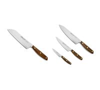 Arcos Nordika Set de Couteaux - 4 Pièces : Set de 3 Couteaux de Cuisine (Chef, Cuisine, Office) et Couteau Santoku Alvéolé - Acier NITRUM, Manche en Bois d'Ovengkol Naturel Certifié FSC