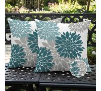 Ardjxue Lot de 2 Housses de Coussin Imperméables 40 x 40cm Bleu Paon Gris Dahlia Coussins de Canapé Double Face Housses Coussin Décoratives Modernes pour Salon Canapé Usage Jardin Extérieur