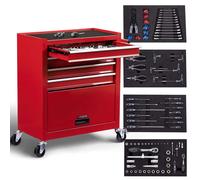 AREBOS Chariot d'atelier Rouge 4 tiroirs 81 pcs. outillage Tapis antidérapant