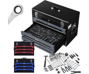 AREBOS Mallette à outils 172 pces | Jeu de douilles | 3 tiroirs Anthracite / Noir