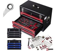 AREBOS Mallette à outils 172 pces | Jeu de douilles | 3 tiroirs rouge/noir