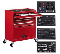 AREBOS Servante d'atelier 4 Compartiments | avec 81 pièces d'outils | Chariot à Outils | équipé | Tapis antidérapants | Rouge