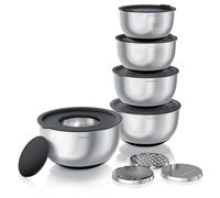 Arendo Lot de 5 saladiers en acier inoxydable - Avec couvercles à fermeture sécurisée - 3 embouts de râpe - Bols mélangeurs de 1,6 à 5 litres - Fond en silicone - Passe au lave-vaisselle - Sans BPA