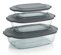 Arendo Plat à four avec couvercle et poignées, lot de 3, 2000 ml, 2700 ml et 3800 ml, empilable, verre, verre borosilicaté, résistant au four, adapté au micro-ondes, lavable au lave-vaisselle, sans BP