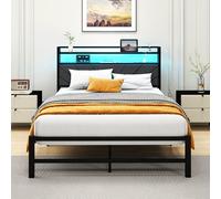 ARFARLY Lit Double 120 x 200 cm avec Éclairage LED, Tête de Lit en Lin Gris, Station de Charge (2 Prises CA et 1 Port USB), Résistant aux Grincements