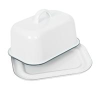 Argon Tableware 1x Vert 18.5cm x 10cm Blanc Beurrier en émail avec Couvercle - Ancien Cuisine Réfrigérateur Fromage Récipient Plateau