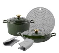 Argon Tableware 2.3L/4.5L Peu Profond Cocotte en Fonte Set avec Couvercles Auto-Arrosants - Vert - 2pc Plaque à Induction Cuisson du Pain Portion Grillage Ragoût Marmite Ustensiles de Cuisine