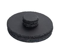 Argon Tableware Ensemble de 12 Sets de Table et Dessous de Verre Ronds en Ardoise - Napperons en Pierre Naturelle Noire pour Cuisine, Maison, Bar, Restaurant, Mariages