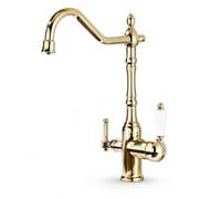 Ari Mitigeur Cuisine 3 Voies Deux Leviers Retro, Or Brillant | Robinet Évier Trois Voies pour Eau Filtrée, Bec Haut Col de Cygne 34 cm Pivotant, Laiton Doré Poli