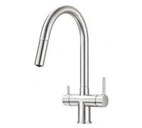 Ari Mitigeur Cuisine Double Sortie Douchette Slender, Acier Inox | Robinet Évier 3 Voies pour Eau Filtrée et Réseau, Bec Haut Pivotant 360°, Inox Brossé Satiné