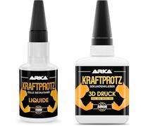 ARKA - KRAFTPROTZ liquide | 50 g | Superglue | Extra forte et universelle | Colle les métaux & 50 g de colle instantanée 3D DRUCK extra forte | Pointe anti-dessèchement incluse | KRAFTPROTZ