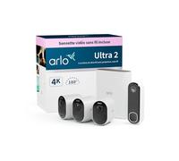 Arlo Ultra 2 4K avec SmartHub Plus Sonnette vidéo, Caméra Video Surveillance WiFi Exterieure sans Fil, Vision Nocturne Couleur, Compatible Alexa, Essai Secure Inclus, Pack de 3 Caméras Blanches