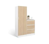 IDMarket - Armoire 1 Porte Ambre penderie avec Commode 3 tiroirs 100 cm modulable façon hêtre et Blanc