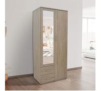 Armoire 2 portes 2 tiroirs 1 miroir 80x52x185 cm décor chêne