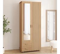 IDMarket - Armoire 2 Portes Juliette Effet Lattes tasseau Bois penderie 80 cm avec 2 tiroirs, Miroir et étagères