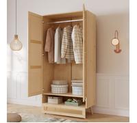 Armoire 2 portes 90x45x183 cm avec penderie et coffre bas rabattable, rotin PE - panneaux de particules - naturel