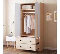 Armoire 2 Portes Blanche 70x40x170 cm, Penderie de Rangement avec 2 tiroirs et Étagères- double porte - Meuble Penderie - naturel
