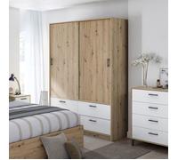 Armoire 2 portes coulissantes 4 tiroirs 200x140x60 cm chêne et blanc