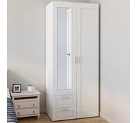 IDMarket Armoire 2 portes VITO 80 cm - Blanc, penderie avec 2 tiroirs, miroir et étagères