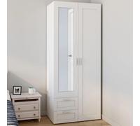 IDMarket - Armoire 2 Portes VITO Blanc penderie 80 cm avec 2 tiroirs, Miroir et étagères