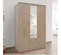 Armoire 3 portes 2 tiroirs 1 miroir 120x52x185 cm décor chêne