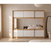 Armoire 3 portes coulissantes - Avec miroir - L250 cm - Coloris : Naturel et blanc - LEOVIA