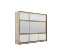 Armoire 3 portes coulissantes - Avec miroir - L250 cm - Coloris : Naturel et blanc - LEOVIA