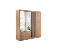 Armoire 3 portes et 2 tiroirs - Avec miroir - L203 cm - Coloris : Naturel et noir - SIDOVIA