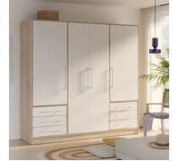 Armoire 4 portes battantes + 6 tiroirs - Chêne et blanc - L 206 x P 60 x H 200 cm - JUPITER