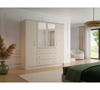 Armoire 4 portes et 3 tiroirs - Avec miroirs - L196 cm - Beige et doré - LIZANDRO