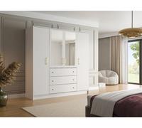 Armoire 4 portes et 3 tiroirs - Avec miroirs - L196 cm - Blanc - LIZANDRO