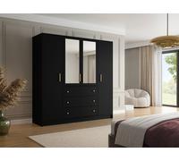 Armoire 4 portes et 3 tiroirs - Avec miroirs - L196 cm - Noir - LIZANDRO