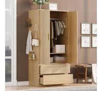 Armoire 70 x 50 x 170 cm, couleur bois, tôle perforée, 2 tiroirs, bois MDF | Compartiments de rangement cachés et tringle à vêtements, multifonction, contreplaqué, pour chambre à coucher