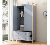 Armoire à 2 portes avec penderie et 2 tiroirs, Meuble d'Entrée, garde-robe pour chambre, cadre en pin, 90 × 45 × 180 cm