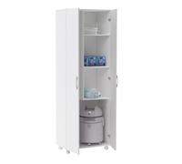 Armoire à balais multifonction deux portes, roues, couleur blanche (hauteur 183 cm, largeur 72 cm, profondeur 41 cm)