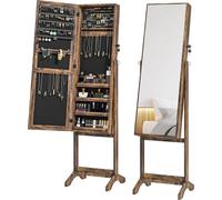 Armoire à bijoux à miroir sur pied - Autonome - Inclinable - Verrouillable avec 2 clés - Rangement pour boucles d'oreilles, bagues, colliers - 46 x 36,5 x 151,5 cm - Marron café