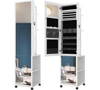 Armoire à bijoux, armoire à glace, organisateur de bijoux debout avec 1 tringle à vêtements, 3 étagères et 4 crochets à vêtements